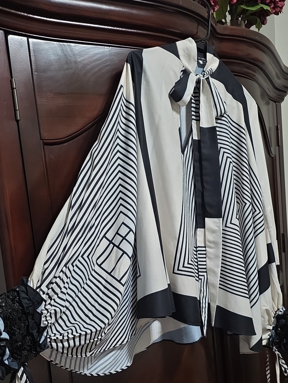 Black & Cream Striped Tie-Neck Women’s Blouse